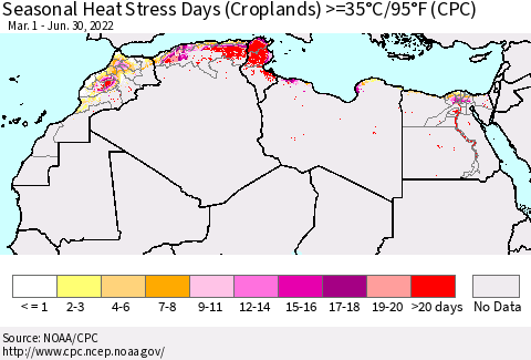North Africa Seasonal Heat Stress Days (Croplands) >=35°C/95°F (CPC) Thematic Map For 3/1/2022 - 6/30/2022