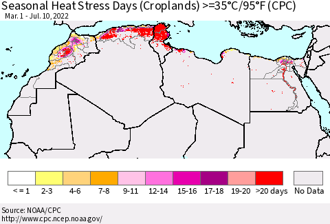 North Africa Seasonal Heat Stress Days (Croplands) >=35°C/95°F (CPC) Thematic Map For 3/1/2022 - 7/10/2022