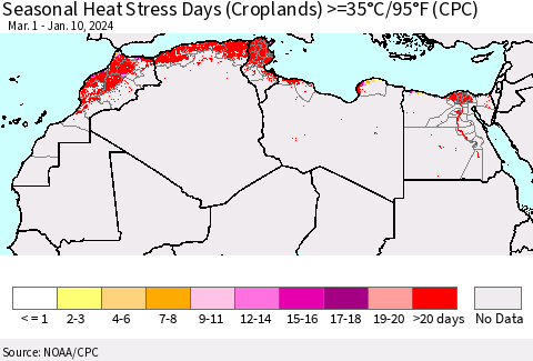 North Africa Seasonal Heat Stress Days (Croplands) >=35°C/95°F (CPC) Thematic Map For 3/1/2023 - 1/10/2024