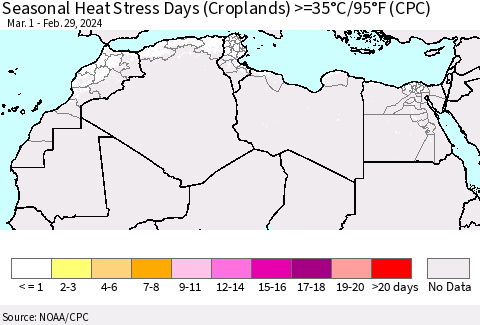 North Africa Seasonal Heat Stress Days (Croplands) >=35°C/95°F (CPC) Thematic Map For 3/1/2023 - 2/29/2024