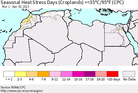 North Africa Seasonal Heat Stress Days (Croplands) >=35°C/95°F (CPC) Thematic Map For 3/1/2023 - 4/30/2023