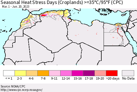 North Africa Seasonal Heat Stress Days (Croplands) >=35°C/95°F (CPC) Thematic Map For 3/1/2023 - 6/20/2023