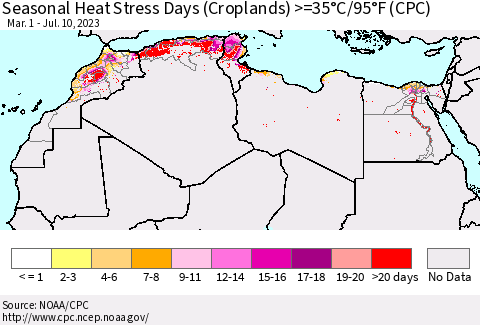 North Africa Seasonal Heat Stress Days (Croplands) >=35°C/95°F (CPC) Thematic Map For 3/1/2023 - 7/10/2023