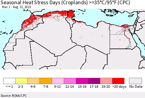 North Africa Seasonal Heat Stress Days (Croplands) >=35°C/95°F (CPC) Thematic Map For 3/1/2023 - 8/31/2023