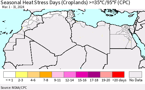 North Africa Seasonal Heat Stress Days (Croplands) >=35°C/95°F (CPC) Thematic Map For 3/1/2024 - 3/31/2024
