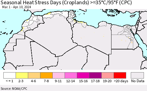 North Africa Seasonal Heat Stress Days (Croplands) >=35°C/95°F (CPC) Thematic Map For 3/1/2024 - 4/10/2024