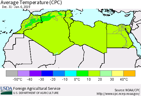 North Africa Average Temperature (CPC) Thematic Map For 12/31/2018 - 1/6/2019