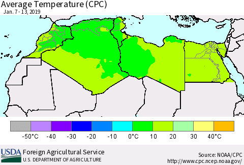 North Africa Average Temperature (CPC) Thematic Map For 1/7/2019 - 1/13/2019