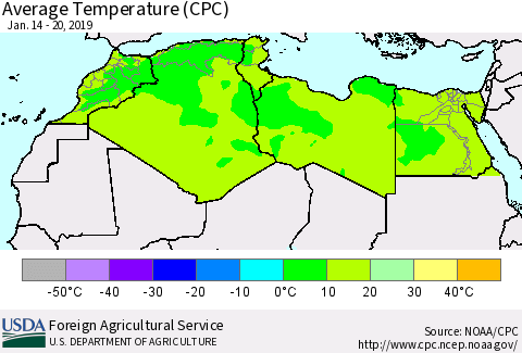 North Africa Average Temperature (CPC) Thematic Map For 1/14/2019 - 1/20/2019