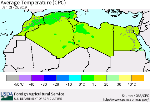 North Africa Average Temperature (CPC) Thematic Map For 1/21/2019 - 1/27/2019