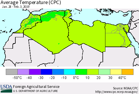 North Africa Average Temperature (CPC) Thematic Map For 1/28/2019 - 2/3/2019