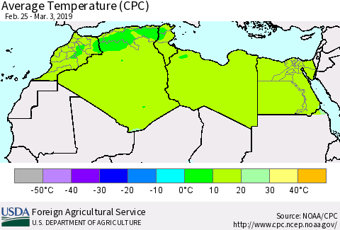 North Africa Average Temperature (CPC) Thematic Map For 2/25/2019 - 3/3/2019