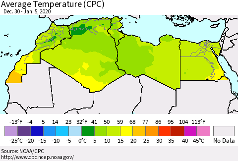 North Africa Average Temperature (CPC) Thematic Map For 12/30/2019 - 1/5/2020