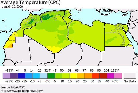 North Africa Average Temperature (CPC) Thematic Map For 1/6/2020 - 1/12/2020