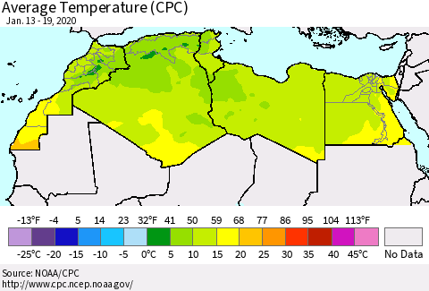 North Africa Average Temperature (CPC) Thematic Map For 1/13/2020 - 1/19/2020