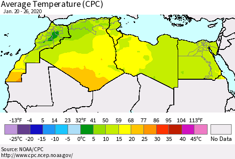 North Africa Average Temperature (CPC) Thematic Map For 1/20/2020 - 1/26/2020