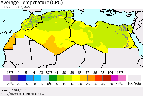 North Africa Average Temperature (CPC) Thematic Map For 1/27/2020 - 2/2/2020