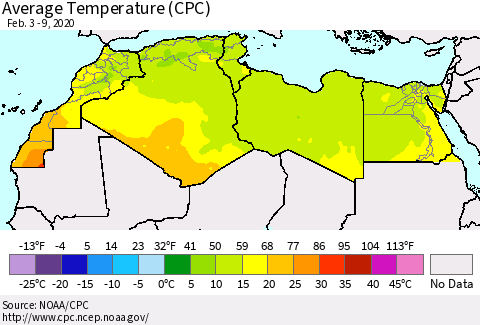 North Africa Average Temperature (CPC) Thematic Map For 2/3/2020 - 2/9/2020