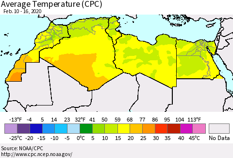 North Africa Average Temperature (CPC) Thematic Map For 2/10/2020 - 2/16/2020