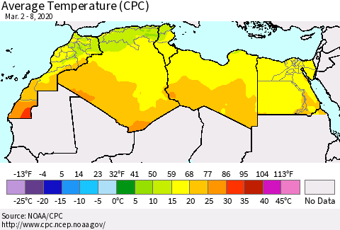 North Africa Average Temperature (CPC) Thematic Map For 3/2/2020 - 3/8/2020