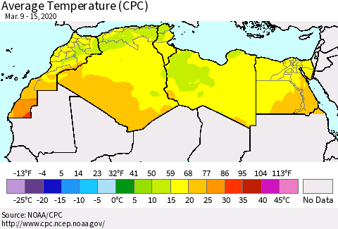 North Africa Average Temperature (CPC) Thematic Map For 3/9/2020 - 3/15/2020