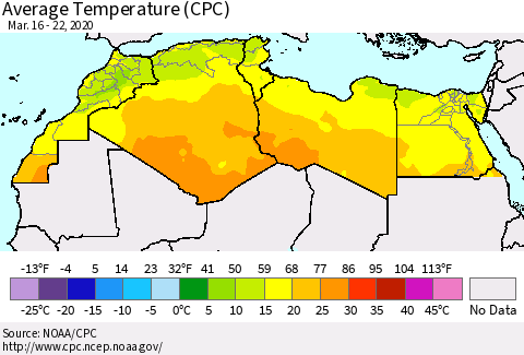 North Africa Average Temperature (CPC) Thematic Map For 3/16/2020 - 3/22/2020