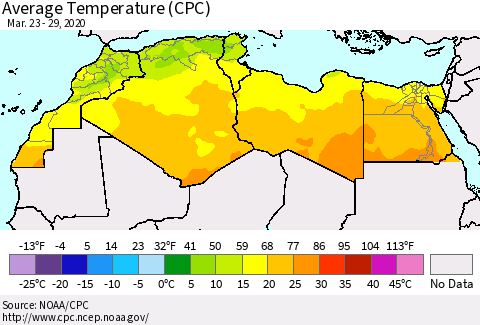 North Africa Average Temperature (CPC) Thematic Map For 3/23/2020 - 3/29/2020