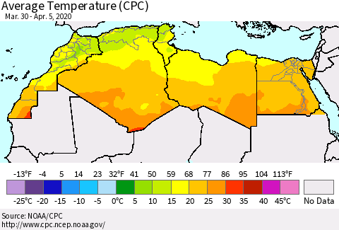 North Africa Average Temperature (CPC) Thematic Map For 3/30/2020 - 4/5/2020