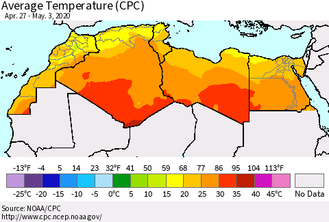 North Africa Average Temperature (CPC) Thematic Map For 4/27/2020 - 5/3/2020