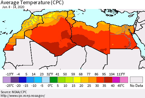 North Africa Average Temperature (CPC) Thematic Map For 6/8/2020 - 6/14/2020