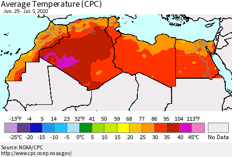 North Africa Average Temperature (CPC) Thematic Map For 6/29/2020 - 7/5/2020