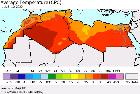North Africa Average Temperature (CPC) Thematic Map For 7/6/2020 - 7/12/2020