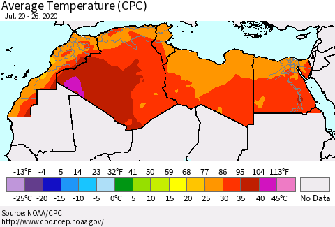 North Africa Average Temperature (CPC) Thematic Map For 7/20/2020 - 7/26/2020