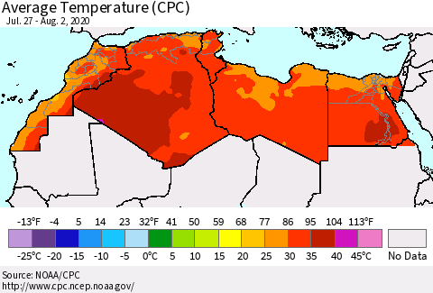 North Africa Average Temperature (CPC) Thematic Map For 7/27/2020 - 8/2/2020