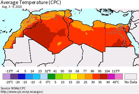 North Africa Average Temperature (CPC) Thematic Map For 8/3/2020 - 8/9/2020