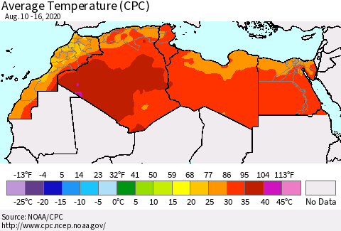 North Africa Average Temperature (CPC) Thematic Map For 8/10/2020 - 8/16/2020