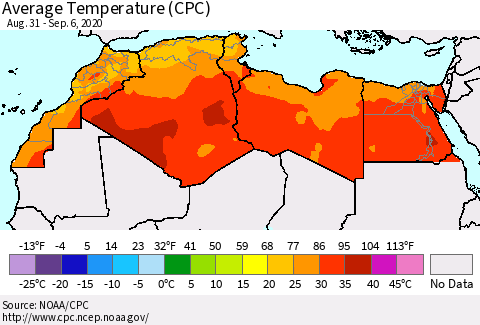 North Africa Average Temperature (CPC) Thematic Map For 8/31/2020 - 9/6/2020