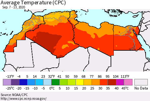 North Africa Average Temperature (CPC) Thematic Map For 9/7/2020 - 9/13/2020
