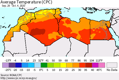 North Africa Average Temperature (CPC) Thematic Map For 9/28/2020 - 10/4/2020