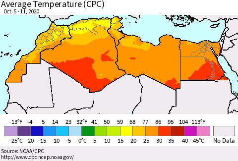North Africa Average Temperature (CPC) Thematic Map For 10/5/2020 - 10/11/2020