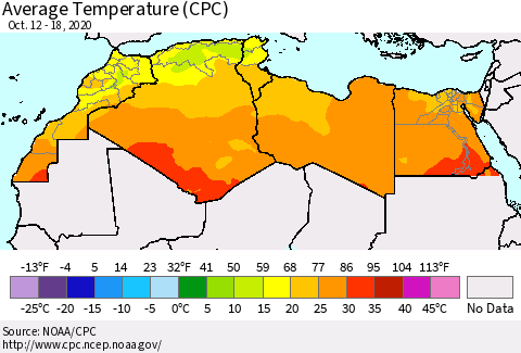 North Africa Average Temperature (CPC) Thematic Map For 10/12/2020 - 10/18/2020