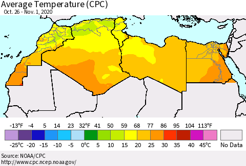 North Africa Average Temperature (CPC) Thematic Map For 10/26/2020 - 11/1/2020