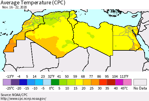 North Africa Average Temperature (CPC) Thematic Map For 11/16/2020 - 11/22/2020