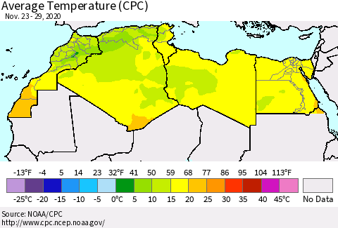 North Africa Average Temperature (CPC) Thematic Map For 11/23/2020 - 11/29/2020