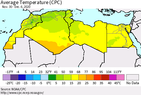 North Africa Average Temperature (CPC) Thematic Map For 11/30/2020 - 12/6/2020