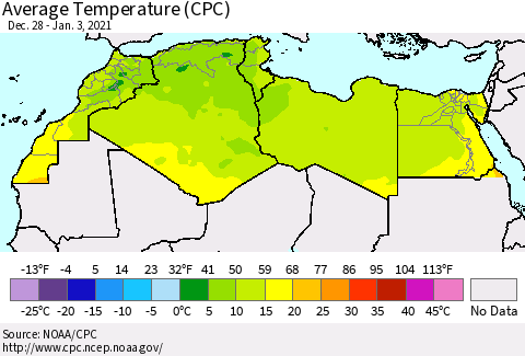 North Africa Average Temperature (CPC) Thematic Map For 12/28/2020 - 1/3/2021