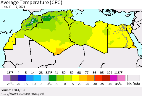 North Africa Average Temperature (CPC) Thematic Map For 1/11/2021 - 1/17/2021