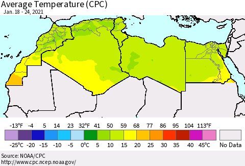 North Africa Average Temperature (CPC) Thematic Map For 1/18/2021 - 1/24/2021