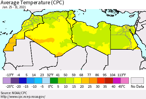 North Africa Average Temperature (CPC) Thematic Map For 1/25/2021 - 1/31/2021