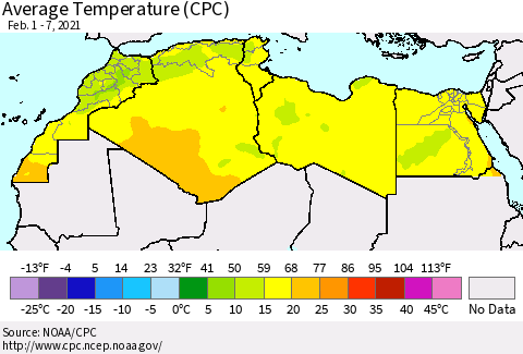 North Africa Average Temperature (CPC) Thematic Map For 2/1/2021 - 2/7/2021